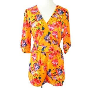 🔥GIANNI BINI Orange Floral‎ Vneck 3/4 Sleeve Romper / Shorts Jumpsuit Women's S